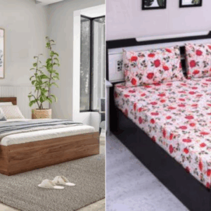Wakefit Taurus Engineered Wood Queen Box Bed (Finish Color – Columbian Walnut, Delivery Condition – Knock Down)     Flipkart SmartBuy 104 TC Cotton Double Floral Flat Bedsheet (Pack of 1, Multicolor)